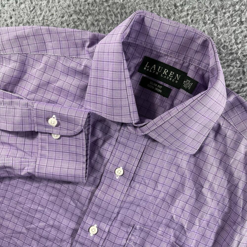 Lauren Ralph Lauren Shirt Mens 15 32/33 Slim Fit Non Iron Purple Grid Check LS